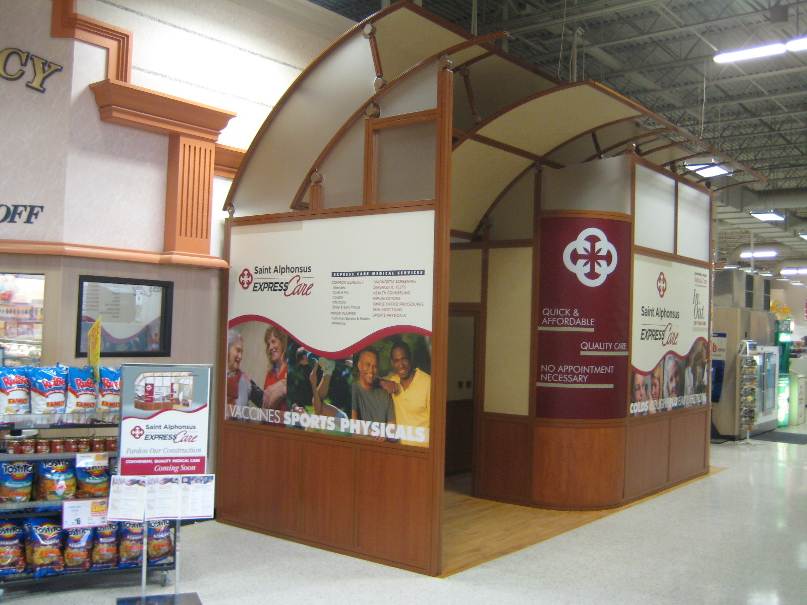 Many of these were made and installed in select Rite-Aids and Albertsons in the Boise area. They are small doctors offices for giving medical consultation and vaccinations. The structure is made from powder coated aluminum extrusion and laminated or frosty acrylic paneling as well as back lit curved graphics on the corners. I built a lot of these and a did a fair amount of maintenance on them.