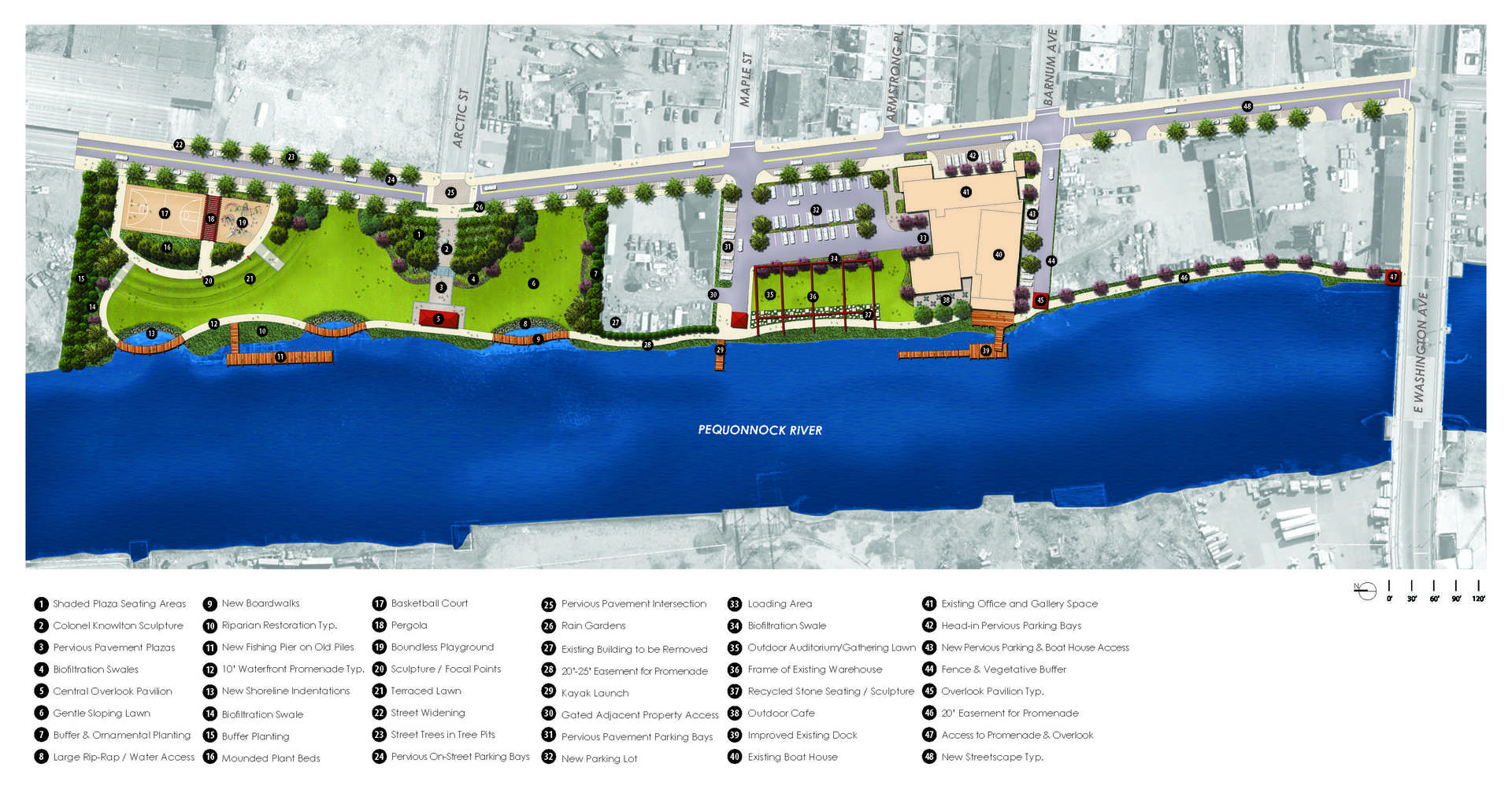 Once industrial parcels along Knowlton Street and the Pequonnock River are being converted into public green space providing new public
<br />water access and an array of passive and active recreation.